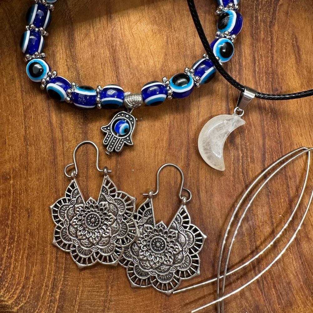 Silver Mandala Earrings and Blue Beaded Bracelet Set